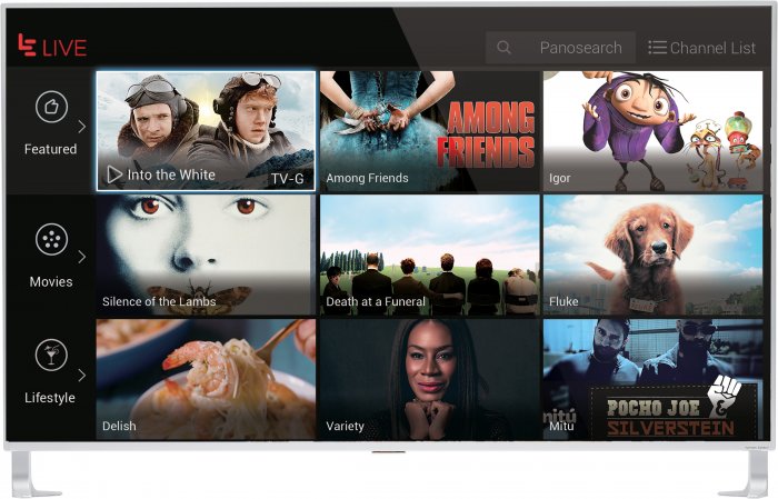 Shot of streaming channels on a LeEco 4K Ultra HD TV.